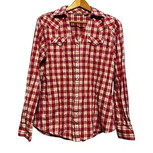 Wrangler Red White Gingham Checkered Vneck Pearl Snap Button Down Size Medium